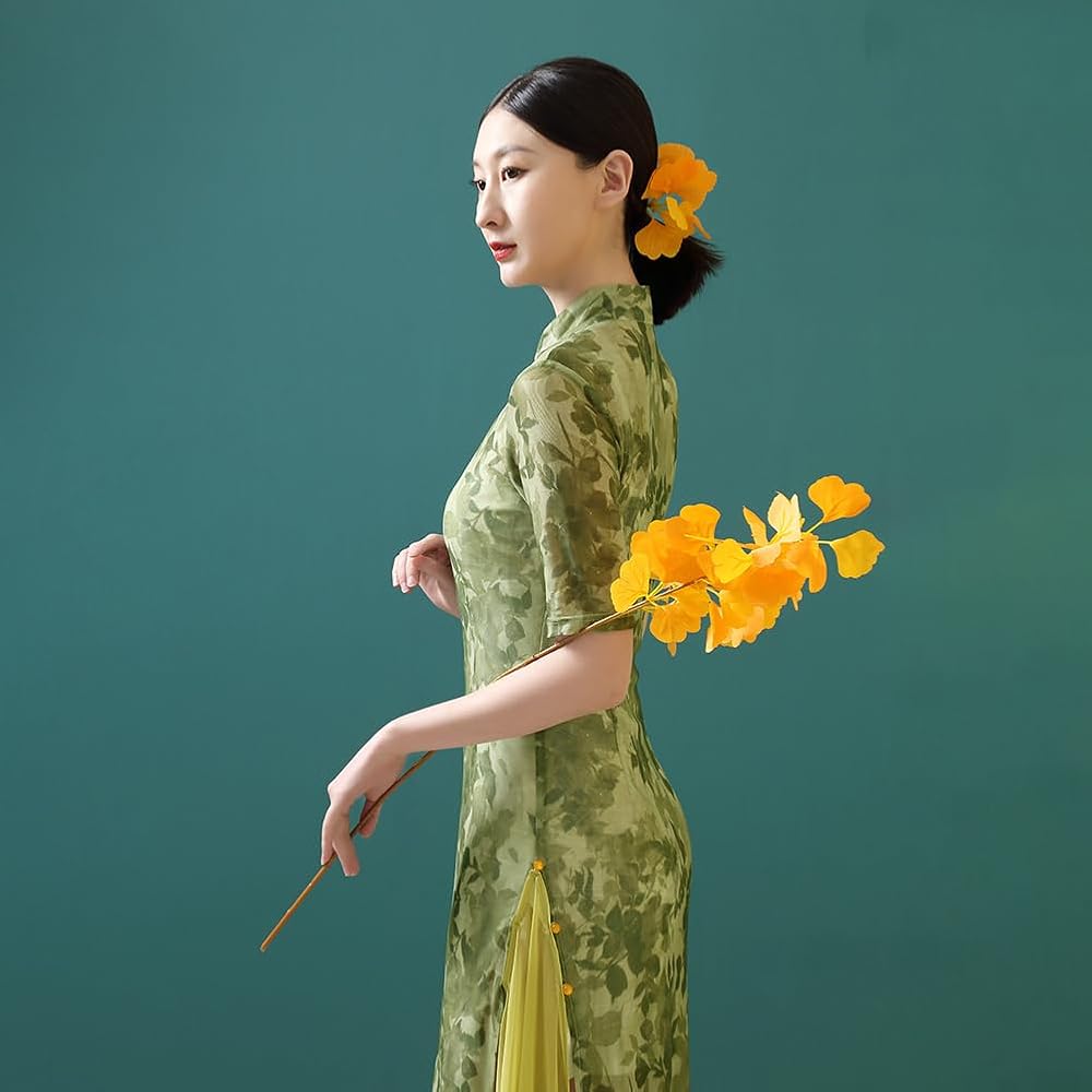 【美品】PAMEO POSE MANDARIN DRESS グリーンチェック柄 Green Sleeveless Cheongsam, Summer Chinese Qipao, Floral